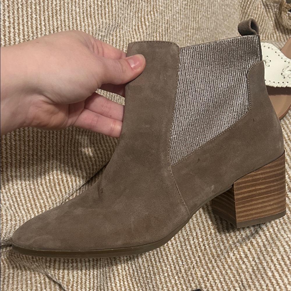 Anne Klein Flex Comfort Shimmer Elegant Taupe Suede Ankle Boots